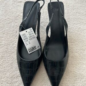 H&M Black Croc-Embossed Pointed Slingback Mules